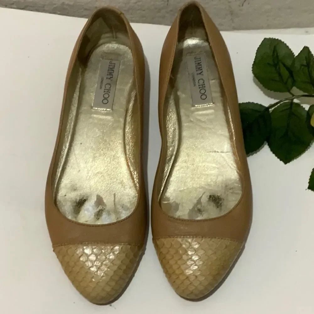 JIMMY CHOO Nude Leather & Python Cap Toe Ballet Flats Neutral Size EU 37.5, US 7